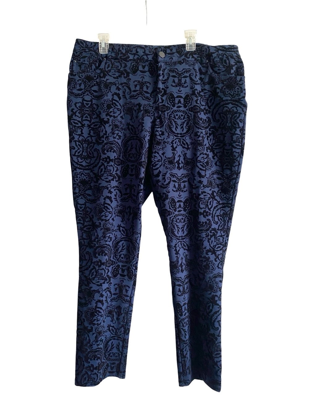 CJ Banks Size 18W Blue Black Velvet Damask Straight Leg Pants